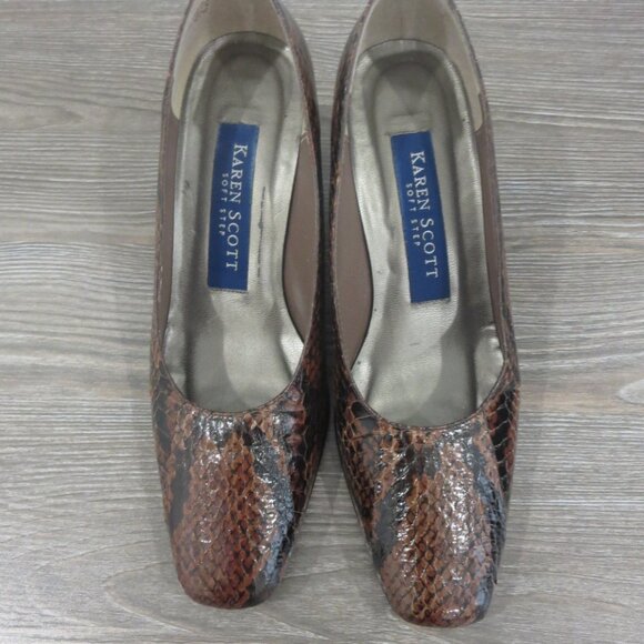 Karen Scott DEANNA Leather Snakeskin Brown Pumps Heels Shoes 5.5 Block Heel - Picture 2 of 16
